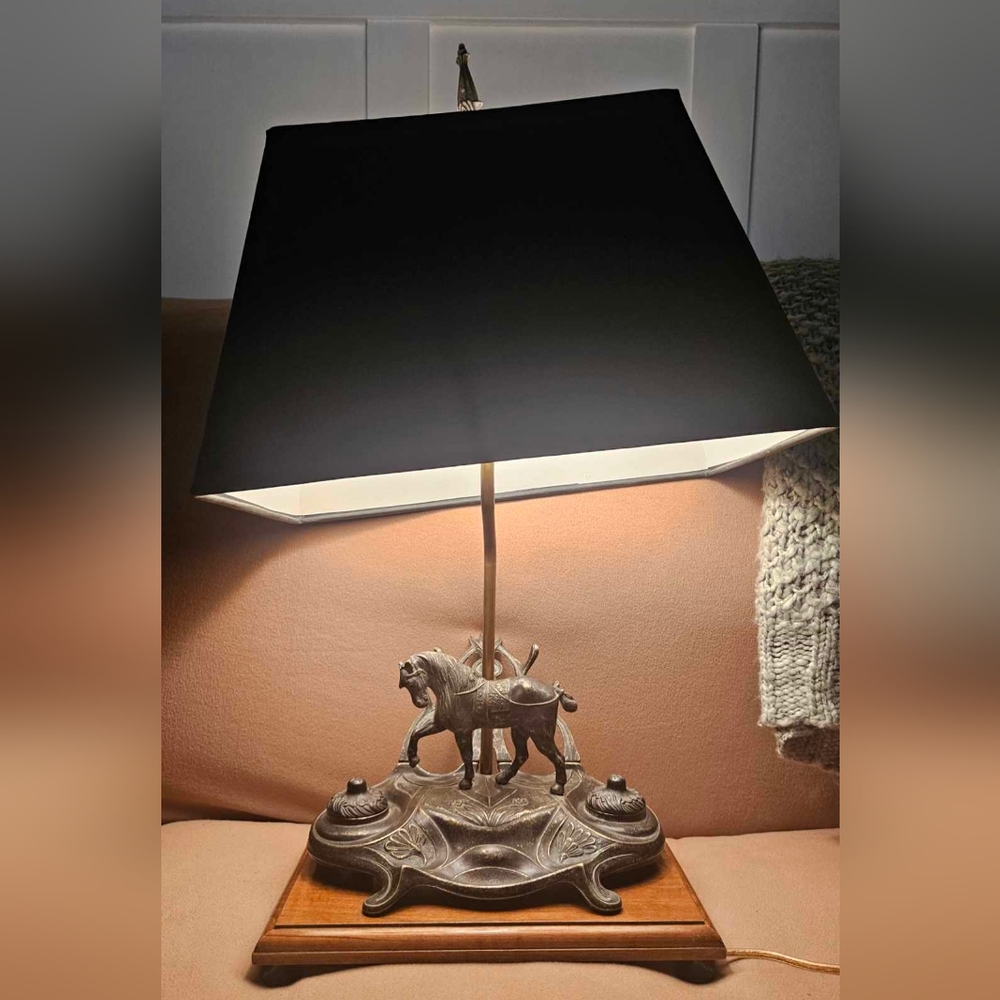 Beautiful bronze style horse desk lamp letter holder with ink wells.